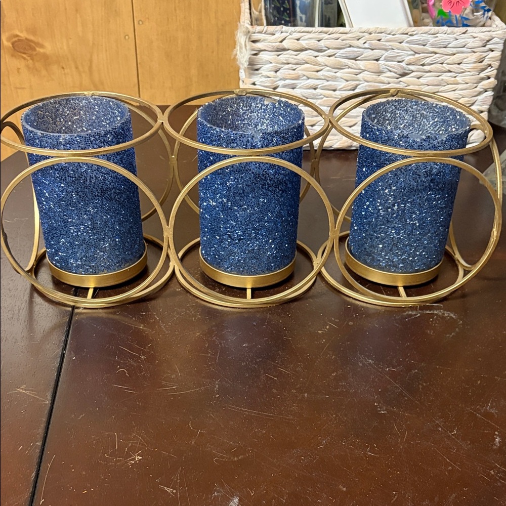 Blue Glitter Candle Holders with Gold Metal Rings -
